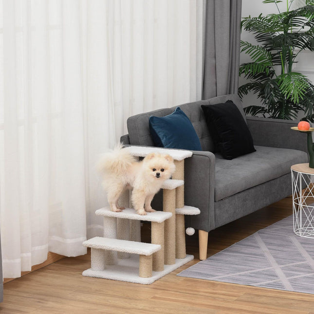 PAWROOM - Dyretrapper med kradsestolpe 4-trins kattetrapper og hundetrapper, spånplade, plys, jute, hvid, 60x40x64 cm