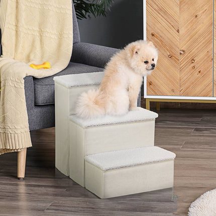 PAWROOM - Pet Stairs Foldbar Kattetrappe/Hundetrappe Med 3 Trin Og Opbevaringsplads, Til Katte Og Hunde, Mdf, Hvid, 40X54X48Cm