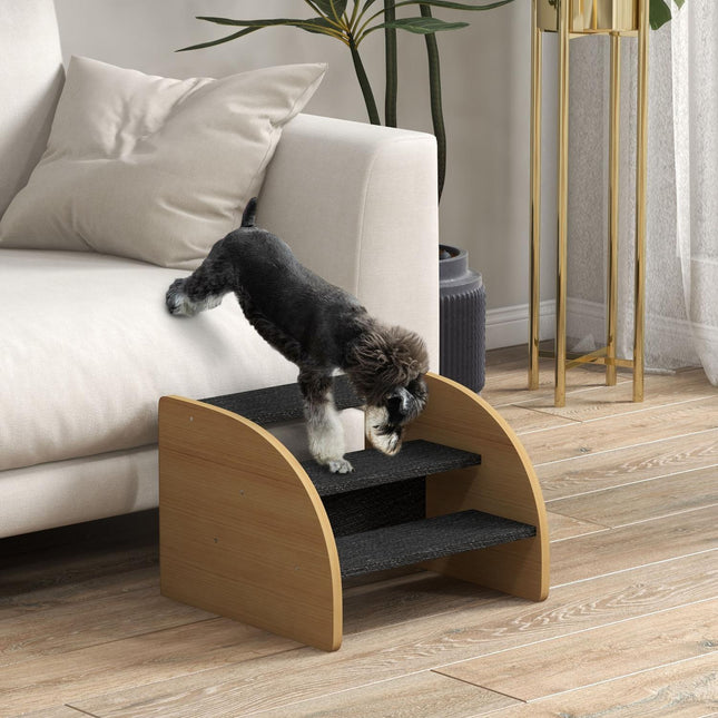 PAWROOM - Hundetrappe 3 Trin, Kæledyrstrapper Med Sidevæg, Hunderampe Til Små Hunde Op Til 10 Kg, Kattetrapper Til Sofa, Seng, Skridsikker, Eg