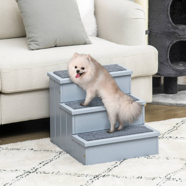 PAWROOM - Pet Stairs Hundetrappe Med 3 Trin & Tæppe, Opbevaringsrum, Grå, 40,5X44,5X38 Cm