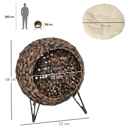 PAWROOM - Rattan Cat Bed, raised design with pillow, brown Ø52cm