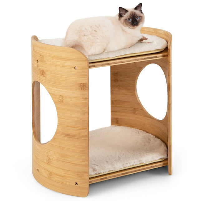 PAWROOM - Katteseng i bambus med aftagelige plysmåtter, 2 niveauer