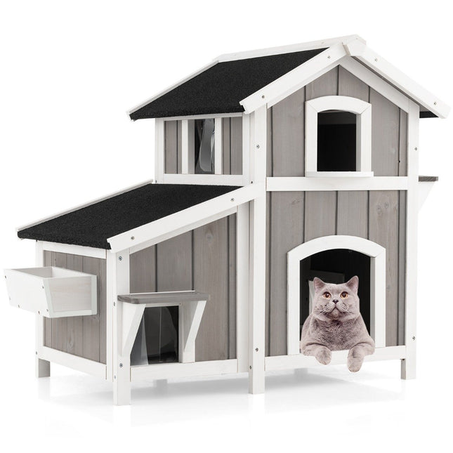 PAWROOM - Kattehus Udendørs 2-etagers Kattehytte Kattevilla med asfalttag Grå 100 x 64 x 82,5 cm