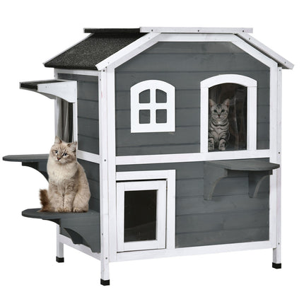 PAWROOM - Kattehus Med Asfalttag Vejrbestandigt Udendørs Kattehus Med Trapper, 2 Niveauer, Grantræ, Grå, 78X55,5X91Cm