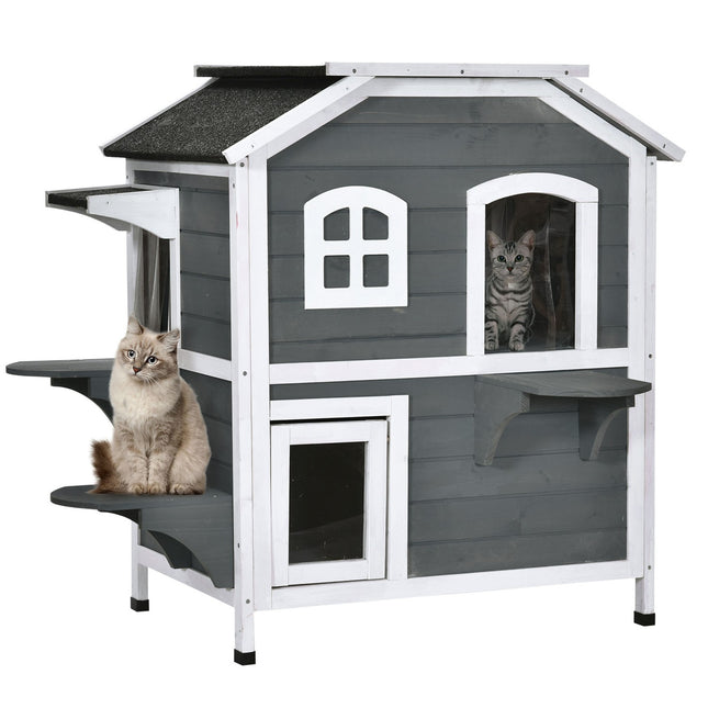 PAWROOM - Kattehus Med Asfalttag Vejrbestandigt Udendørs Kattehus Med Trapper, 2 Niveauer, Grantræ, Grå, 78X55,5X91Cm