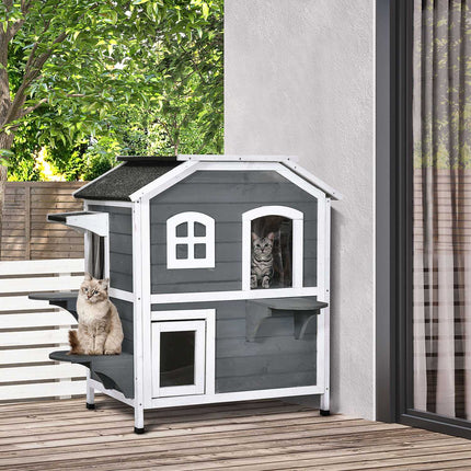 PAWROOM - Kattehus Med Asfalttag Vejrbestandigt Udendørs Kattehus Med Trapper, 2 Niveauer, Grantræ, Grå, 78X55,5X91Cm