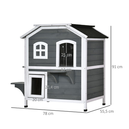 PAWROOM - Kattehus Med Asfalttag Vejrbestandigt Udendørs Kattehus Med Trapper, 2 Niveauer, Grantræ, Grå, 78X55,5X91Cm