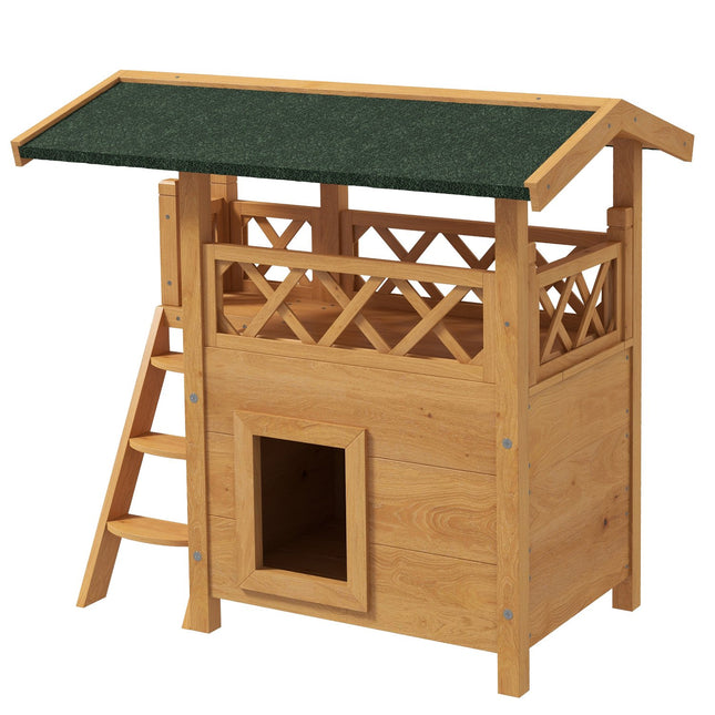 PAWROOM - 2-Etagers Kattehus Med Asfalttag & Balkon, Massivt Træ Kattevilla Med Trapper, Natur, 77X50X73Cm