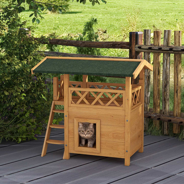 PAWROOM - 2-Etagers Kattehus Med Asfalttag & Balkon, Massivt Træ Kattevilla Med Trapper, Natur, 77X50X73Cm