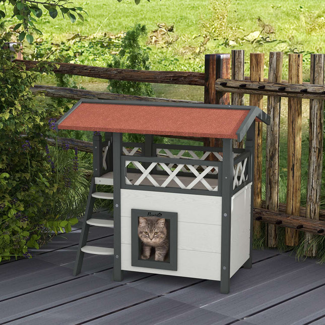 PAWROOM - Kattehus Med Asfalttag, 2-Lags Kattehus Med Altan, Kattevilla Med Trapper, Massivt Træ, Hvid, 77 X 50 X 73 Cm