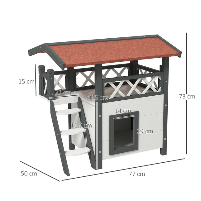 PAWROOM - Kattehus Med Asfalttag, 2-Lags Kattehus Med Altan, Kattevilla Med Trapper, Massivt Træ, Hvid, 77 X 50 X 73 Cm