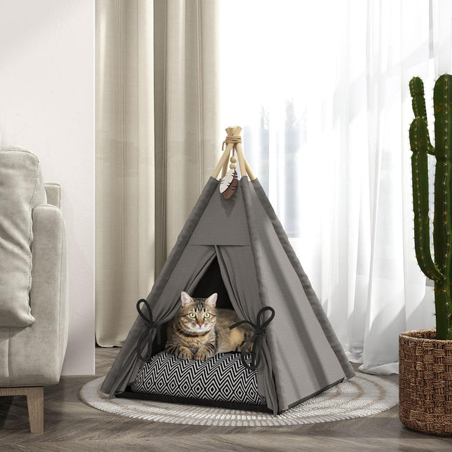 PAWROOM - Tipitelt til kæledyr, kattetelt med aftagelige og vaskbare hynder, kattehus med skridsikker bund, legebold, til katte under 5 kg, minihunde, 60 x 60 x 76 cm, grå