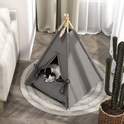 PAWROOM - Tipitelt til kæledyr, kattetelt med aftagelige og vaskbare hynder, kattehus med skridsikker bund, legebold, til katte under 5 kg, minihunde, 60 x 60 x 76 cm, grå