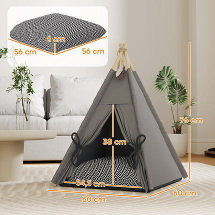 PAWROOM - Tipitelt til kæledyr, kattetelt med aftagelige og vaskbare hynder, kattehus med skridsikker bund, legebold, til katte under 5 kg, minihunde, 60 x 60 x 76 cm, grå