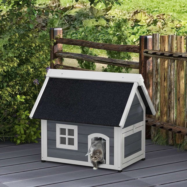 PAWROOM - Kattehus, trækattehule, med hængslet asfalttag, vejrbestandigt kattehus med vindue, 3 døre, 77 x 57,5 x 68 cm, grå