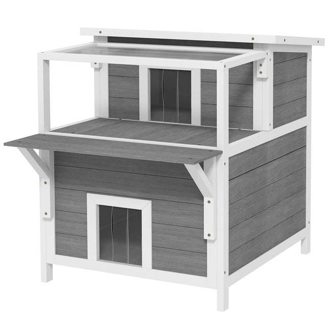 PAWROOM - Kattehule, kattehus lavet af grantræ, kattehus med balkon, indgange, til katte op til 5 kg, udendørs, 64 x 87 x 76 cm, lysegrå