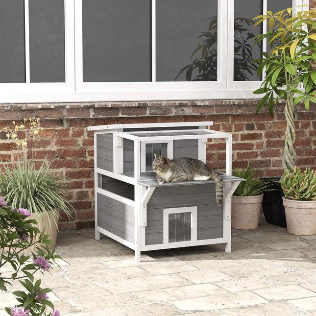 PAWROOM - Kattehule, kattehus lavet af grantræ, kattehus med balkon, indgange, til katte op til 5 kg, udendørs, 64 x 87 x 76 cm, lysegrå