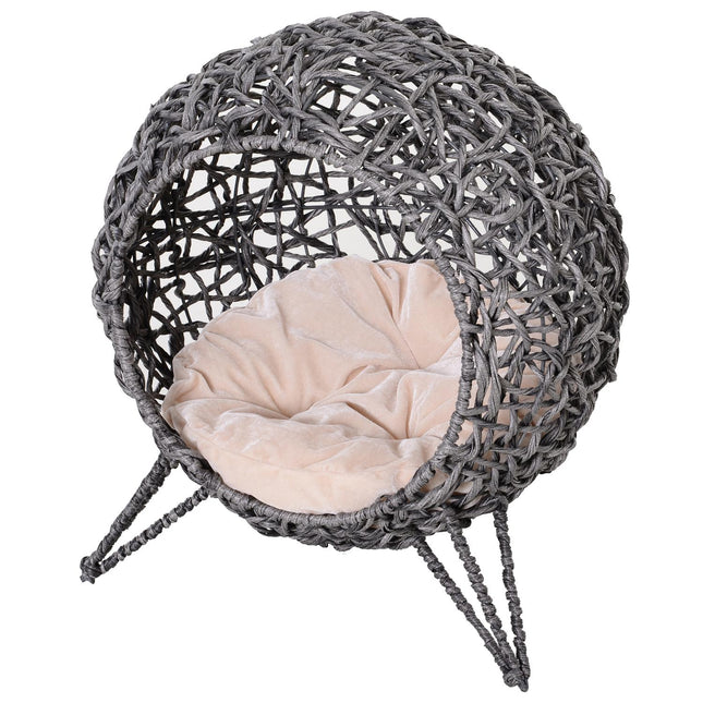 PAWROOM - Rattan Cat House Elegant Kattehule Med Puder, Hævede Fødder, Sølvgrå, Ø52X58Cm