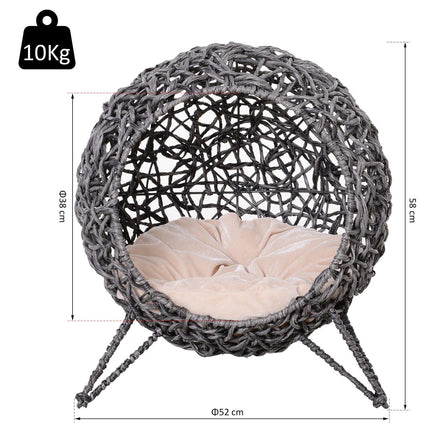 PAWROOM - Rattan Cat House Elegant Kattehule Med Puder, Hævede Fødder, Sølvgrå, Ø52X58Cm