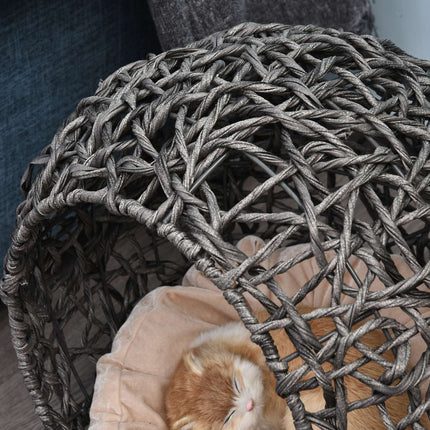 PAWROOM - Rattan Cat House Elegant Kattehule Med Puder, Hævede Fødder, Sølvgrå, Ø52X58Cm