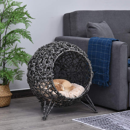 PAWROOM - Rattan Cat House Elegant Kattehule Med Puder, Hævede Fødder, Sølvgrå, Ø52X58Cm