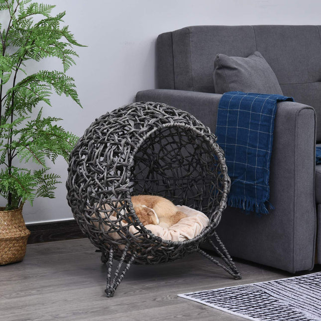 PAWROOM - Rattan Cat House Elegant Kattehule Med Puder, Hævede Fødder, Sølvgrå, Ø52X58Cm