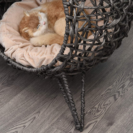 PAWROOM - Rattan Cat House Elegant Kattehule Med Puder, Hævede Fødder, Sølvgrå, Ø52X58Cm