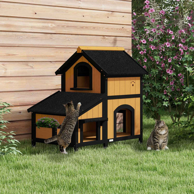 PAWROOM - Trækattehus Multi-Indgang 2-Trins Udendørs Kattehule Med Asfalttag Til Katte Op Til 7 Kg Gul