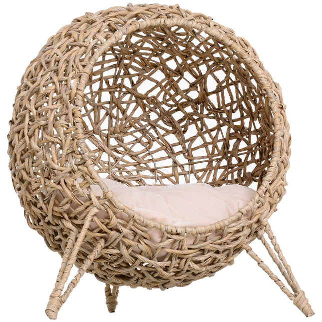 PAWROOM - Kattehus Lavet Af Pe Rattan Med Hynder, Kattesoveplads, Kattehule Med Hævede Fødder, Natur, Ø52 X 58 Cm