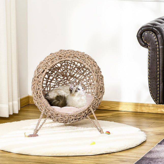 PAWROOM - Kattehus Lavet Af Pe Rattan Med Hynder, Kattesoveplads, Kattehule Med Hævede Fødder, Natur, Ø52 X 58 Cm