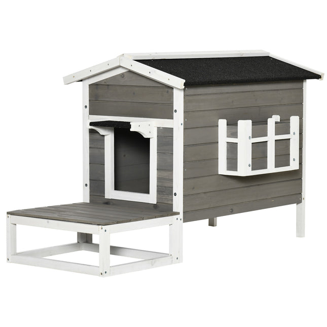 PAWROOM - Cat House Cat Hut Cat Cave Smådyrehus Med Terrasse Og Balkon Til Katte Hunde Gran Wood Grå + Hvid 115 X 66,5 X 74,7 Cm