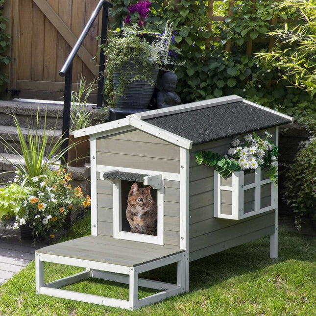 PAWROOM - Cat House Cat Hut Cat Cave Smådyrehus Med Terrasse Og Balkon Til Katte Hunde Gran Wood Grå + Hvid 115 X 66,5 X 74,7 Cm