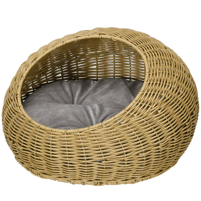 PAWROOM - Rattan kattekurv, kattehus, kattehus med pude til katte op til 4 kg, kæledyrsseng, kattehule, indendørs, PE-rattan, Ø50 x 31 cm, lysebrun