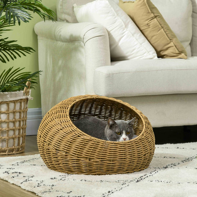 PAWROOM - Rattan kattekurv, kattehus, kattehus med pude til katte op til 4 kg, kæledyrsseng, kattehule, indendørs, PE-rattan, Ø50 x 31 cm, lysebrun