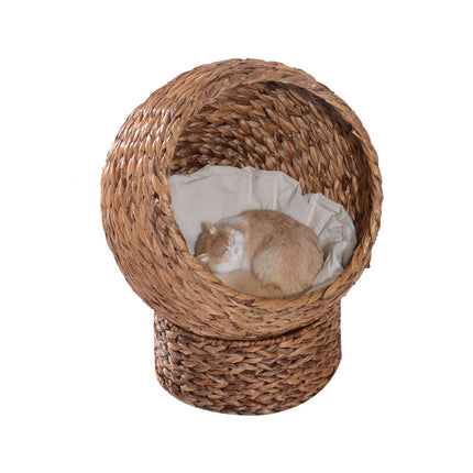 PAWROOM - Rattan Cat Cave Cat Bed Med Pude, Vandhyacinth Pet Bed, Lysebrun, 50X42X60Cm