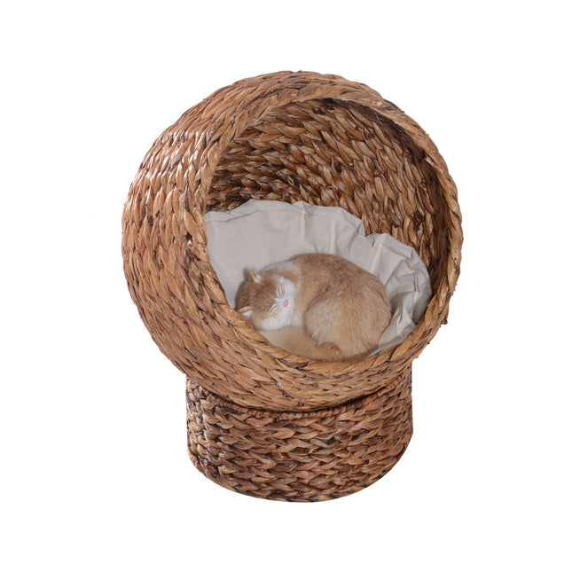 PAWROOM - Rattan Cat Cave Cat Bed Med Pude, Vandhyacinth Pet Bed, Lysebrun, 50X42X60Cm