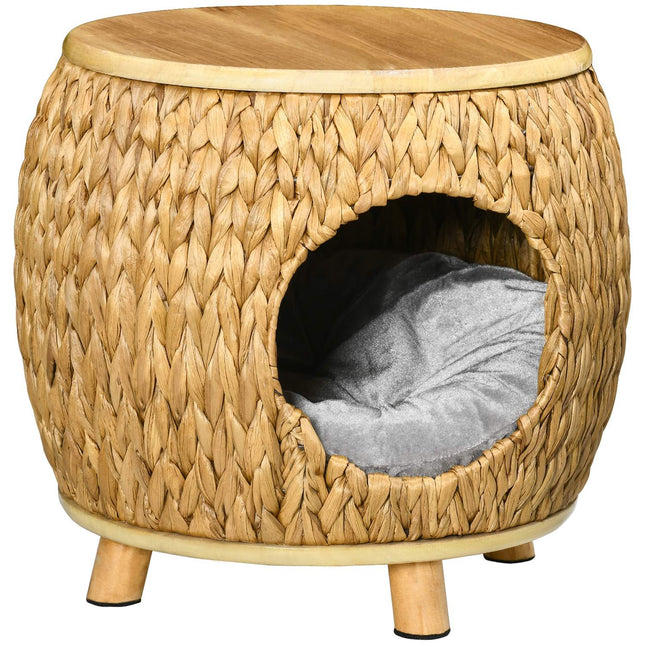 PAWROOM - Rattan Cat Cave 2-I-1 Design Kattekurv Med Pude Kæledyrsseng Vandhyacintgræs Paulownia Træ Lysebrun + Grå 44 X 43 X 42 Cm