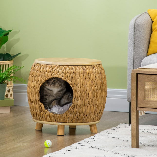 PAWROOM - Rattan Cat Cave 2-I-1 Design Kattekurv Med Pude Kæledyrsseng Vandhyacintgræs Paulownia Træ Lysebrun + Grå 44 X 43 X 42 Cm