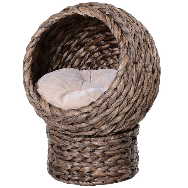 PAWROOM - Rattan Kattekurv Hyggelig Kattehule Med Pude, Kæledyrsseng Lavet Af Vandhyacint, Mørkebrun, 42X33X52Cm