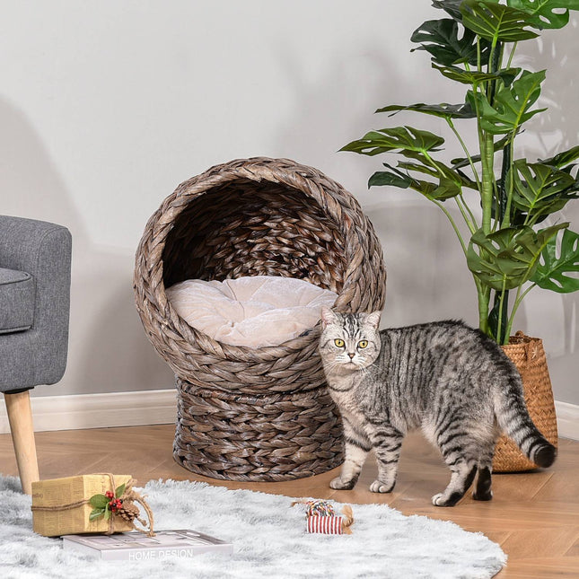 PAWROOM - Rattan Kattekurv Hyggelig Kattehule Med Pude, Kæledyrsseng Lavet Af Vandhyacint, Mørkebrun, 42X33X52Cm