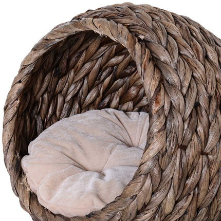 PAWROOM - Rattan Cat Cave Bed, dark brown, water hyacinth, with pillow