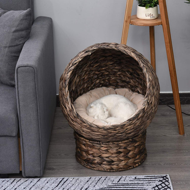PAWROOM - Rattan Kattekurv Hyggelig Kattehule Lavet Af Vandhyacint, Mørkebrun, Ideel Til Stue, 50X42X60Cm