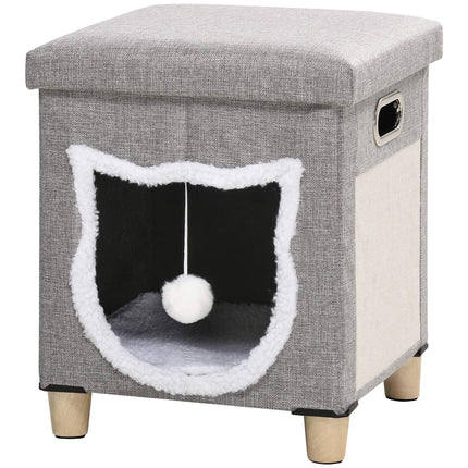 PAWROOM - Cat Cave Ottoman Med Pude Og Skrabemåtte Legebold Anti-Slip Grå Polyester Til Katte