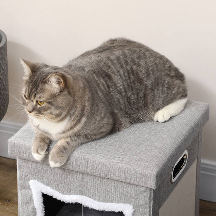 PAWROOM - Cat Cave Ottoman Med Pude Og Skrabemåtte Legebold Anti-Slip Grå Polyester Til Katte