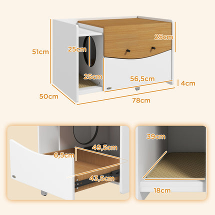 PAWROOM - Katteskab til kattetoilet, kattetoiletskab med udtræksskab, affaldsopsamlingsmåtte, kattehus til indendørs, 78 x 50 x 51 cm, eg
