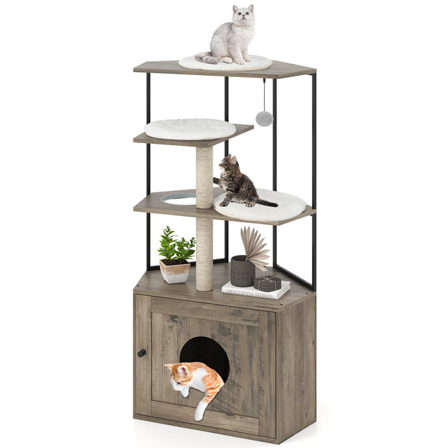 PAWROOM - Cat Tree with Litter Box Cabinet, Scratch Posts, Cushions