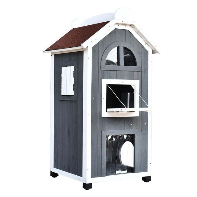 PAWROOM - Kattehus Til Katteseng Eller Kattebakke Alsidigt Katteskab, Grantræ, Asfalttag, Grå, 59X55X109Cm
