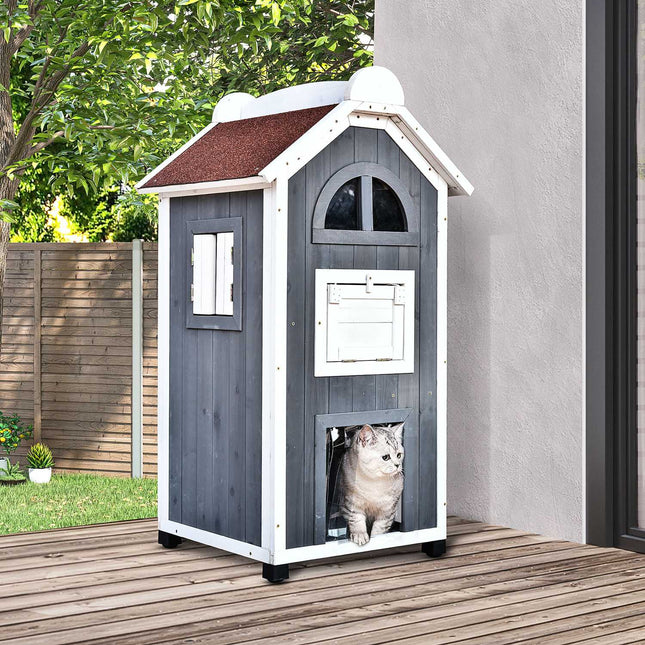 PAWROOM - Kattehus Til Katteseng Eller Kattebakke Alsidigt Katteskab, Grantræ, Asfalttag, Grå, 59X55X109Cm