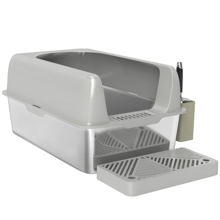 PAWROOM - Kattebakke med låg, kattebakke med scoop, balje i rustfrit stål, kattetoilethus med opbevaringsboks til katte under 4,5 kg, indendørs, lysegrå