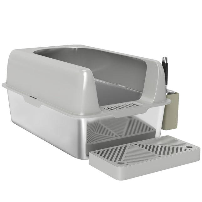 PAWROOM - Kattebakke med låg, kattebakke med scoop, balje i rustfrit stål, kattetoilethus med opbevaringsboks til katte under 4,5 kg, indendørs, lysegrå